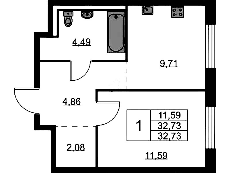 1-комнатная квартира 32.73 м², 1/9 эт., ЖК «Квартал Лаголово»
